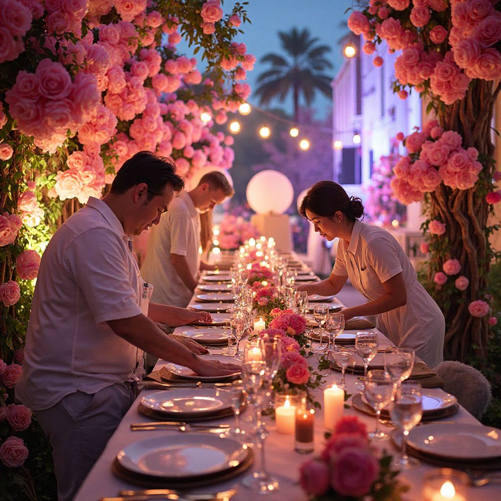 Team setting up elaborate party decorations