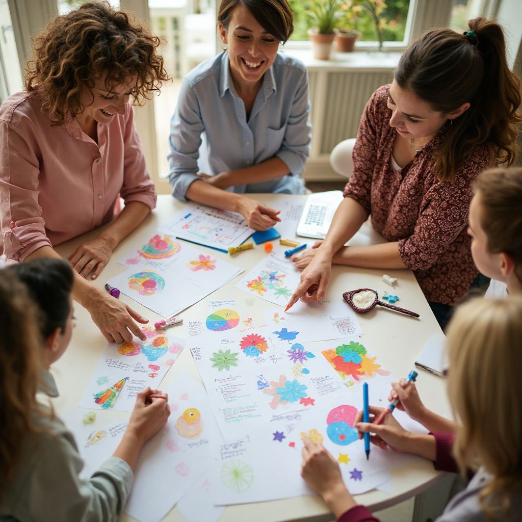 Team planning meeting with creative materials